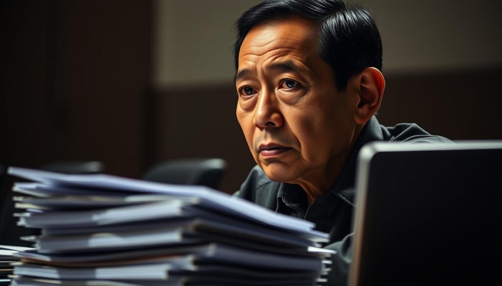 A close-up portrait of former Indonesian president Joko Widodo, seated at a desk with a stack of official-looking documents and a laptop, conveying a serious, contemplative expression. The lighting is soft and dramatic, casting shadows that suggest an air of mystery and tension. The background is blurred, hinting at the larger context of a government office or meeting room. The overall tone is one of intrigue and unease, evoking the complex issues surrounding the alleged falsification of Jokowi's academic credentials.