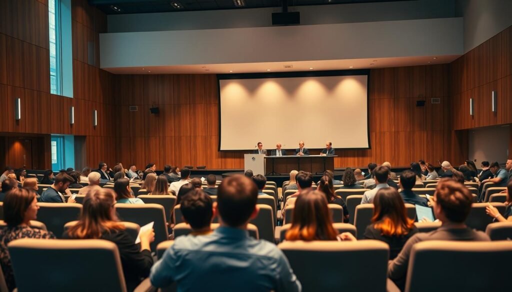 A large, modern university auditorium with rows of comfortable seats, a raised stage, and a large projection screen at the front. The lighting is warm and inviting, with a mix of natural light from tall windows and subtle ambient lighting fixtures. On the stage, a panel of distinguished professors and industry experts sit behind a sleek, minimalist podium, engaged in a lively academic discussion. In the audience, attentive students and faculty members take notes and ask thought-provoking questions, their faces illuminated by the glow of the presentation. The atmosphere is one of intellectual curiosity, collaboration, and a shared commitment to advancing knowledge and preparing the next generation of leaders. A large, modern university auditorium with rows of comfortable seats, a raised stage, and a large projection screen at the front. The lighting is warm and inviting, with a mix of natural light from tall windows and subtle ambient lighting fixtures. On the stage, a panel of distinguished professors and industry experts sit behind a sleek, minimalist podium, engaged in a lively academic discussion. In the audience, attentive students and faculty members take notes and ask thought-provoking questions, their faces illuminated by the glow of the presentation. The atmosphere is one of intellectual curiosity, collaboration, and a shared commitment to advancing knowledge and preparing the next generation of leaders.