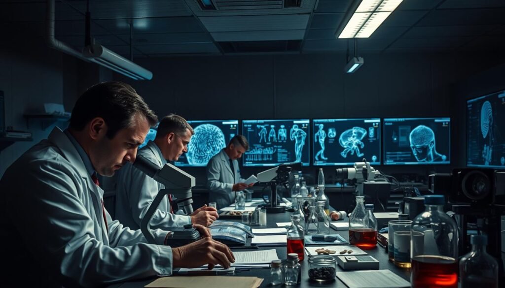 A meticulously detailed forensic examination scene, showcasing a team of investigators poring over evidence in a dimly lit laboratory. Harsh overhead lighting casts dramatic shadows, illuminating the intricate processes of fingerprint analysis, DNA testing, and ballistic examination. In the foreground, a lone examiner peers intently through a microscope, while their colleagues review documents and compare sample materials. The middle ground is dominated by an array of specialized equipment - cameras, chemical reagents, and state-of-the-art analytical instruments. In the background, a series of high-tech display screens present complex data visualizations, forensic reconstructions, and case files. The overall atmosphere is one of intense focus, precision, and the relentless pursuit of the truth.