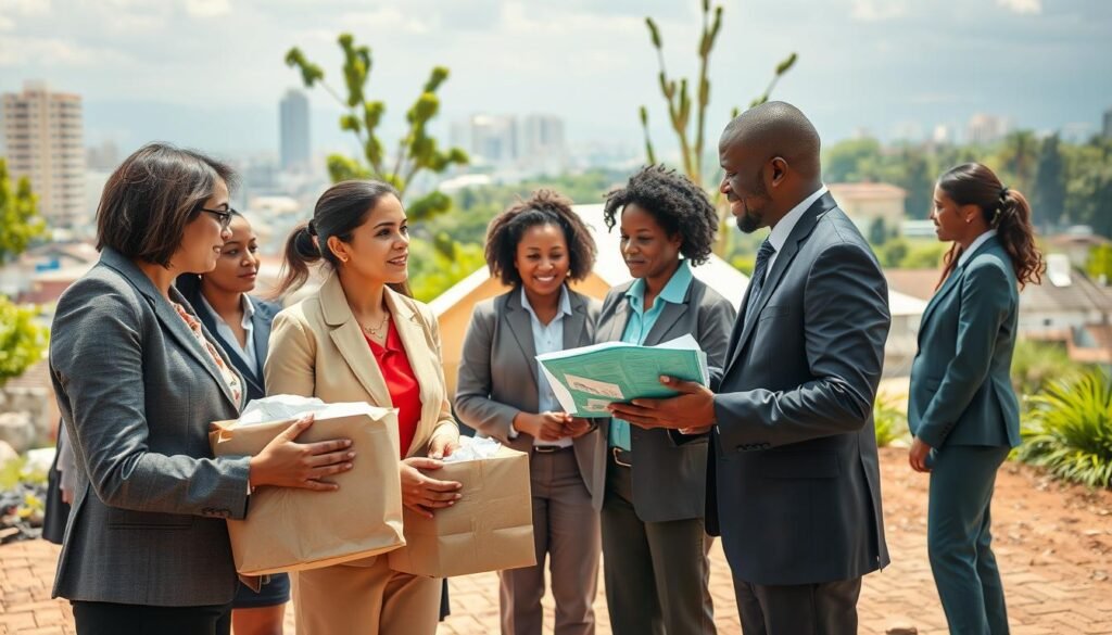 A diverse group of professionals in formal business attire gather to provide assistance to disaster victims. In the foreground, a compassionate female social worker hands out supplies while a male government official shares crucial information with a local community leader. In the middle ground, a temporary shelter is set up, showcasing volunteers creating an inviting atmosphere for individuals affected by disasters. In the background, a vibrant cityscape and lush greenery symbolize hope and recovery. The scene is filled with warm, natural lighting, evoking an atmosphere of collaboration and support. The angle captures a wide view of the scene, highlighting both the urgency of the situation and the dedicated efforts of state institutions in aiding disaster victims.