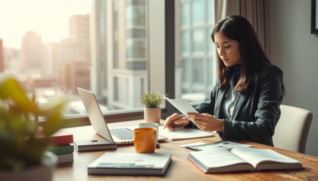 A focused scene depicting a professional freelance workspace in Indonesia. In the foreground, a woman in modest business attire is busy crafting a proposal, surrounded by a laptop, coffee mug, and notes. The middle ground features a well-organized desk with a potted plant and books on freelancing strategies. In the background, soft out-of-focus imagery of a bustling Indonesian cityscape through a window, showcasing modern architecture. Bright, natural light floods the room, creating a warm and inviting atmosphere. The mood conveys determination and creativity, ideal for a freelancer aiming to enhance their reputation and secure projects in a competitive landscape.