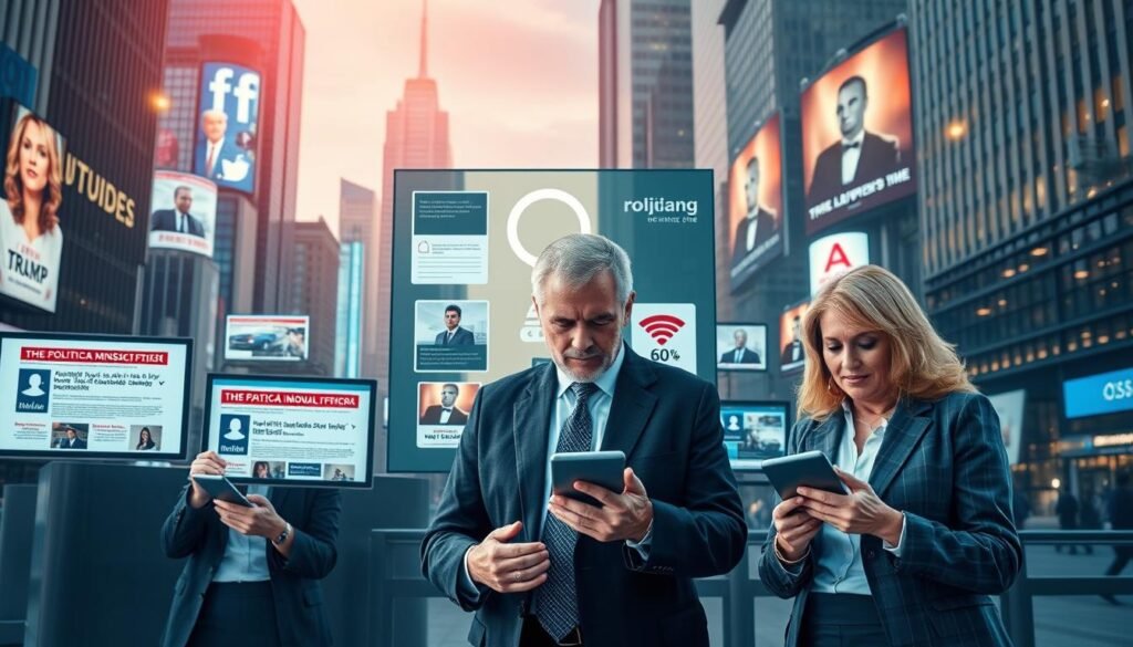 A modern digital landscape illustrating political literacy in the digital age. In the foreground, diverse individuals—two young professionals and an older woman—all dressed in smart business attire, are engaging with various digital devices like tablets and smartphones, looking attentive and inquisitive. The middle ground features a visually inviting information hub with screens displaying contrasting images of news articles, social media feeds, and symbols of misinformation like a broken magnifying glass. In the background, a bustling urban environment suggests connectivity, with tall buildings and digital billboards emitting a soft, warm glow from neon lighting. The overall mood is alert yet thoughtful, emphasizing the importance of discerning fact from fiction in today's media landscape, with a focus on collaboration and critical thinking.