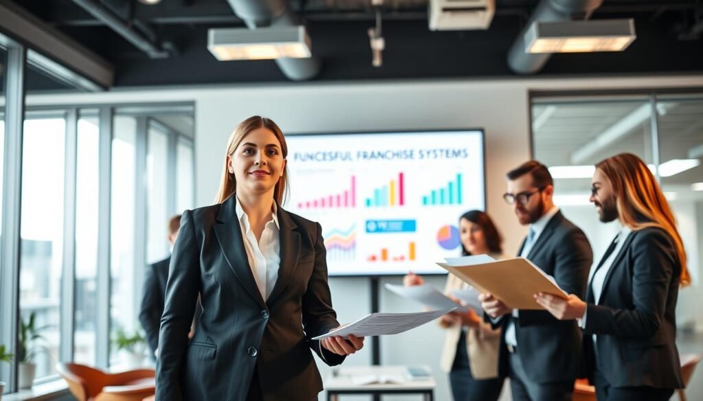 A modern office environment featuring a diverse group of professionals engaged in a collaborative meeting. In the foreground, a confident businesswoman in a smart suit is presenting a franchise business model to her colleagues, who are attentively reviewing documents and taking notes. In the middle, a large screen displays colorful infographics about successful franchise systems, emphasizing growth charts and statistics. The background showcases a contemporary office with large windows, letting in natural light, creating a bright and optimistic atmosphere. The scene is captured with a slight angle to add depth, using soft, warm lighting to convey a professional yet inviting mood. The overall image should inspire motivation and success in the context of proven franchise business systems.