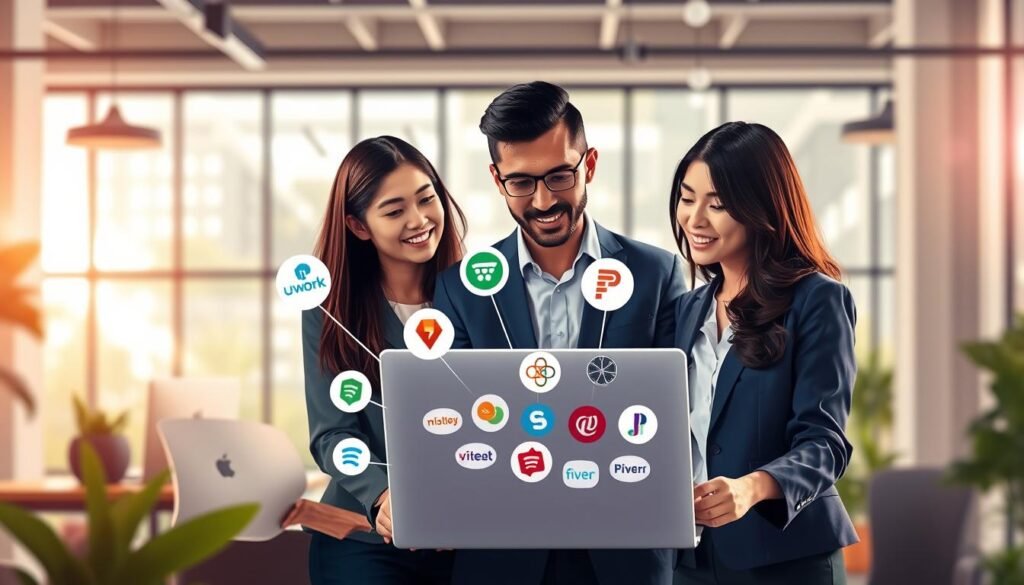 A vibrant and engaging illustration representing the best freelancing platforms in Indonesia and internationally. In the foreground, depict a group of diverse professionals—two women and one man—engaged in discussions around a laptop, showcasing a website with various freelancing platform logos. Each person is dressed in smart business casual attire. In the middle ground, include floating icons or symbols representing various platforms, such as Upwork, Fiverr, and local Indonesian platforms, connected by lines to convey networking. The background features a modern co-working space with large windows allowing natural light to pour in, creating a warm and inspiring atmosphere. Soft lighting emphasizes the collaborative spirit of freelancing, while a slight blur adds depth to the scene.