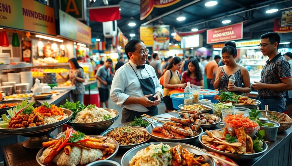A vibrant food market scene showcasing a variety of Indonesian culinary delights. In the foreground, a neatly arranged table displays traditional dishes such as Nasi Goreng, Sate, and Gado-Gado, garnished with fresh herbs and colorful vegetables. In the middle, a professional-looking chef in a smart outfit engages with customers, sharing culinary tips while smiling. The background includes a bustling marketplace filled with colorful stalls and satisfied customers exploring various food options, capturing the lively atmosphere of a culinary business. Soft, warm lighting highlights the vivid colors of the food and the enthusiasm of the interactions. The angle is slightly elevated for a comprehensive view, adding depth to the vibrant scene.