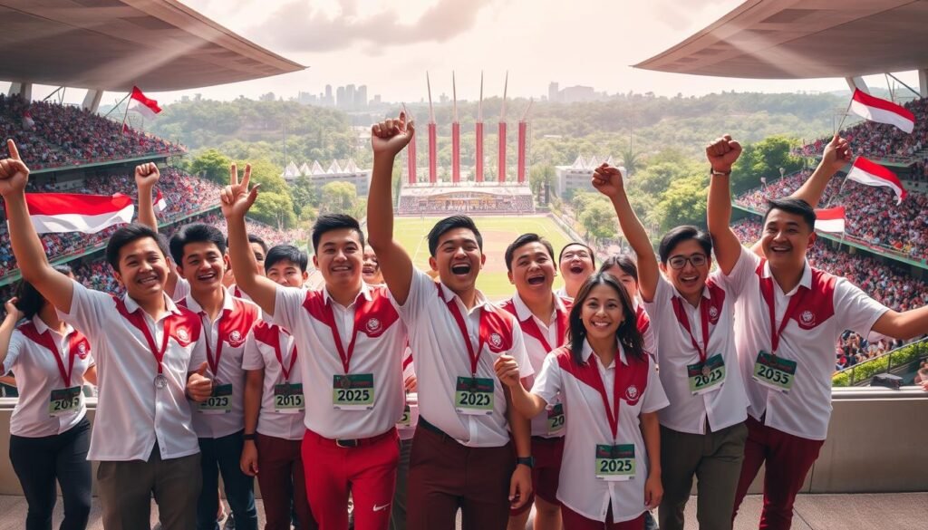 A vibrant scene illustrating the historical achievements of Indonesian athletics in 2025. Foreground features a diverse group of well-dressed athletes celebrating their success, showing emotions of joy and pride. They wear national team uniforms in red and white, symbolizing Indonesia. In the middle ground, a stadium is bustling with enthusiastic spectators, waving flags and banners in support. The background captures an iconic Indonesian skyline and lush greenery, representing the nation's spirit. Lighting is bright and dynamic, with rays of sunlight illuminating the athletes, creating a sense of triumph and inspiration. The camera angle is slightly elevated, providing a panoramic view of this momentous occasion, conveying a celebratory and victorious atmosphere.