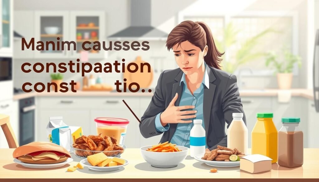 A visually captivating illustration depicting the main causes of constipation. In the foreground, a person sitting at a dining table looking concerned while holding their stomach, dressed in smart casual attire. In the middle ground, a colorful display of food items known to cause constipation—processed foods, fried snacks, and dairy products. These items are artistically arranged around the table, emphasizing their association with digestive issues. In the background, a soft-focus kitchen environment with natural light streaming in, creating a warm and inviting atmosphere. The lighting should be bright but soft, highlighting the subject's expression and the food items, evoking a sense of concern and curiosity about digestion.