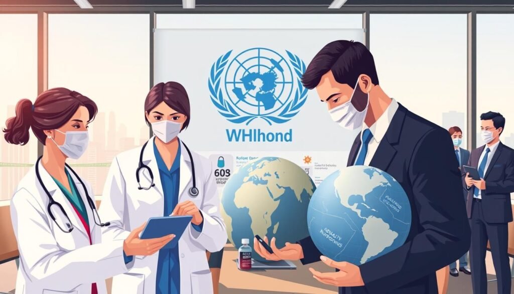 An illustration depicting the role of the World Health Organization (WHO) in managing pandemics, featuring a diverse group of health professionals in business attire. Foreground includes a female doctor with a stethoscope, analyzing data on a tablet, while a male nurse checks a globe for global health implications. Middle ground displays a large WHO logo and infographics on pandemic responses, with imagery of vaccines and healthcare supplies. Background features a modern conference room with large windows showing a cityscape. Soft, natural daylight illuminates the scene, creating a professional and hopeful atmosphere. The composition is from a slightly elevated angle, emphasizing teamwork and global collaboration in health.