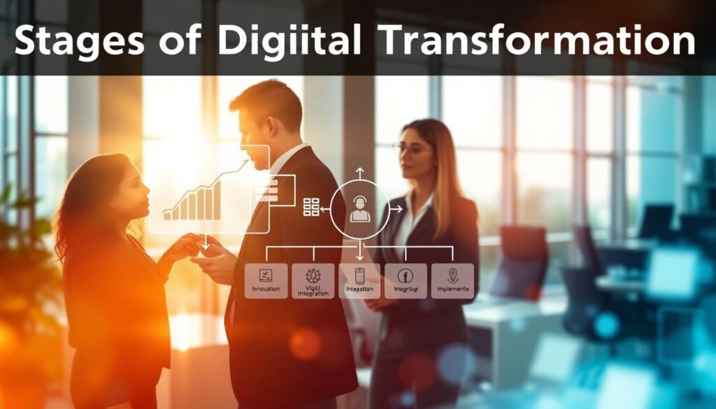 A visually engaging scene illustrating the "Stages of Digital Transformation." In the foreground, a diverse group of three professionals in business attire, brainstorming around a digital interface displaying graphs and charts symbolizing data analytics. In the middle, depict a flowchart representing various stages of digital transformation, featuring icons for innovation, integration, and implementation. The background should show an office environment with large windows, sunlight streaming in, creating a warm, optimistic atmosphere. Use a shallow depth of field to focus on the professionals while softly blurring the background. The overall mood should convey collaboration, progress, and the future of technology in business. Ensure the image is well-lit, with a modern, clean aesthetic.